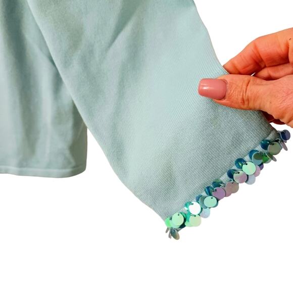 Linea 3 Pc Formal Cardigan Sweater Set Sz L AQUA SKY BLUE Sequins Knit was $350 - Picture 3 of 16
